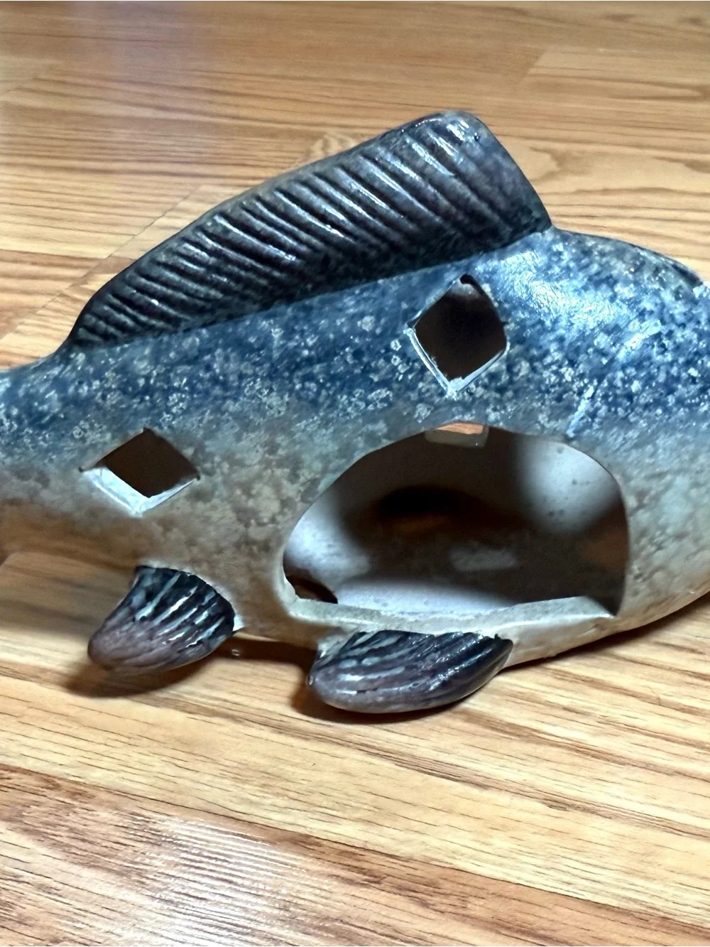 2 Vintage ceramic fish tea light candle holder luminaries Blue and Tan